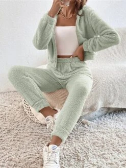 Women's Pajamas Sets Pure Color Warm Fashion Plush Home Daily Bed Polyester Warm Breathable Hoodie Long Sleeve Cardigan Pant Elastic Waist Fall Winter Green Khaki -Ladies Pajamas Store emfzts1693552855971