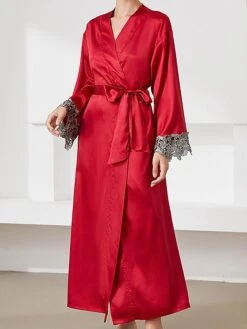 Women's Satin Silk Bathrobe Robe Embroidered Lace Decoration Long Sleeve Nightgown Pure Color Fashion Casual Comfort Home Daily Bed Summer Fall Black Pink -Ladies Pajamas Store emqshy1689577255366