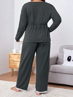 Women's Plus Size Loungewear Sets Patchwork Fashion Comfort Soft Home Daily Bed Polyester Warm Breathable V Wire Long Sleeve Pullover Pant Fall Winter Black Gray -Ladies Pajamas Store emxsar1693986226340