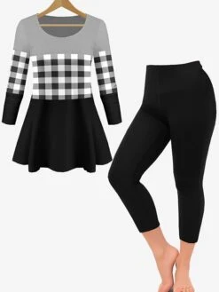 Women's Sets 2 Pieces Grid / Plaid Casual Comfort Home Daily Polyester Breathable Crew Neck Long Sleeve Pullover Pant Summer Spring Black