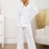 Women's Pajamas Sets Pure Color Fashion Casual Soft Home Daily Bed Polyester Breathable V Wire Long Sleeve Pant Summer Fall Black White