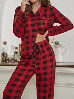 Women's Christmas Pajamas Sets Grid / Plaid Casual Comfort Soft Home Xmas Daily Bed Polyester Breathable Lapel Long Sleeve Shirt Pant Elastic Waist Fall Winter Red -Ladies Pajamas Store eqalbj1692348328154