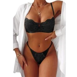 Women's Underwire Bras 3/4 Cup Pure Color Flower / Floral Hook & Eye Wedding Party Date Valentine's Day Polyester Sexy 1 Set White Black / Bra & Panty Set -Ladies Pajamas Store erjtiw1642413344500