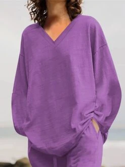 Women's Plus Size Loungewear Sets 2 Pieces Pure Color Fashion Casual Comfort Street Daily Date Cotton Breathable V Wire Long Sleeve Pant Summer Fall Yellow Pink -Ladies Pajamas Store ertqcy1689326424281