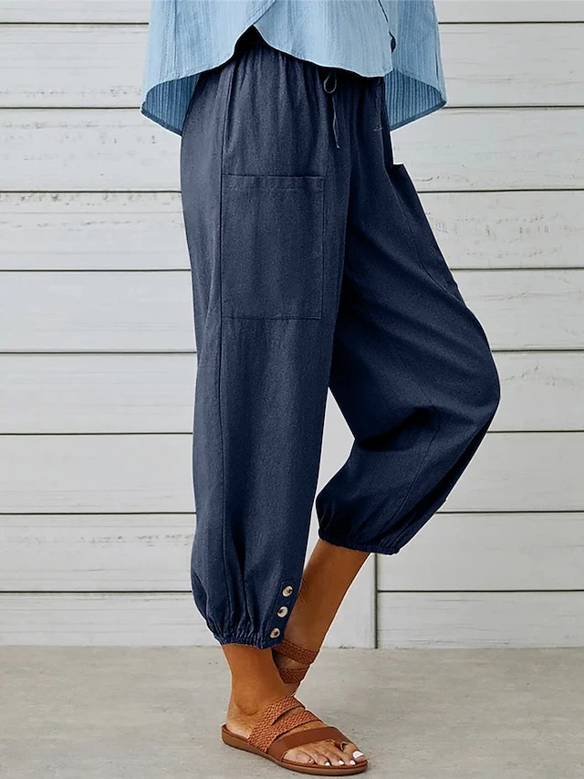 Women's Cotton And Linen Loungewear Pants Pure Color Elastic Waist With Drawstring Simple Casual Comfort Home Daily Vacation Breathable Pocket Summer Spring Black White 6 Women's Cotton And Linen Loungewear Pants Pure Color Elastic Waist With Drawstring Simple Casual Comfort Home Daily Vacation Breathable Pocket Summer Spring Black White - Image 4