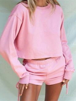 Women's Lounge Sets Crop Tops Crewneck Sweatshirts And Shorts Pure Color Fashion Casual Comfort Street Daily Date Polyester Breathable Crew Neck Long Sleeve Crop Top Shorts Summer Fall Pink Green