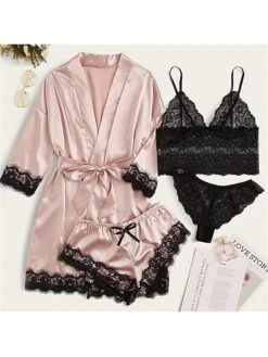 Women's Lace Satin Silk Pajamas Sets 4 Pieces Pure Color Simple Casual Soft Home Daily Bed Satin Breathable V Wire Long Sleeve Shorts Summer Spring Black Pink