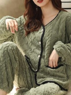 Women's Pajamas Sets Pure Color Warm Comfort Soft Home Daily Bed Flannel Warm Breathable Crew Neck Long Sleeve Cardigan Pant Button Pocket Fall Winter JY5128 JY5136 -Ladies Pajamas Store ewkrps1693206688579