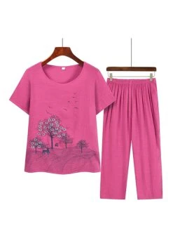 Women's Plus Size Loungewear Sets Animal Elk Simple Casual Comfort Home Daily Vacation Polyester Breathable Crew Neck Short Sleeve T Shirt Tee Elastic Waist Summer Spring Pink Blue -Ladies Pajamas Store ewwzgz1683171865367