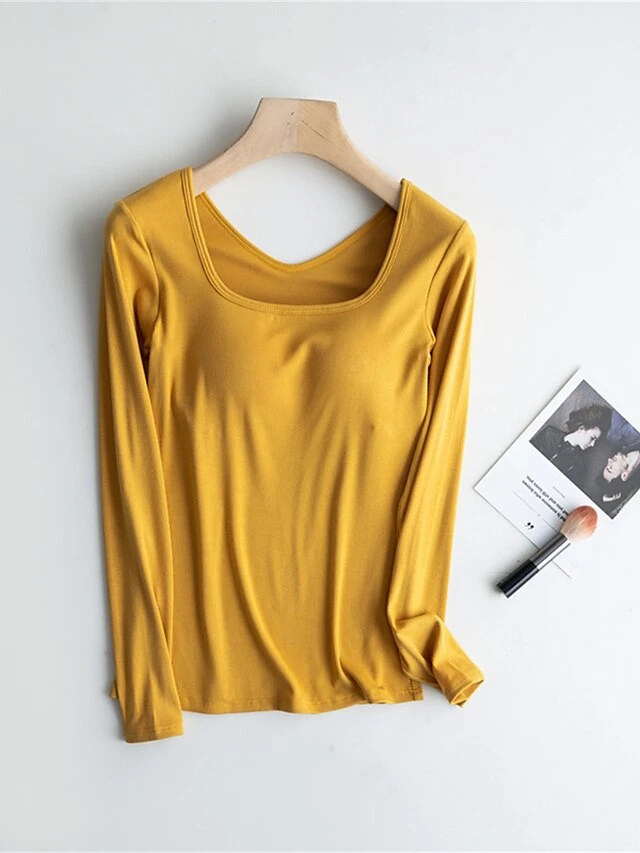 Women's Square Neck Pajama Top With Chest Pads Loungewear Top Pure Color Fashion Casual Comfort Home Street Daily Polyester Breathable Square Neck Long Sleeve Fall Winter Black White Yellow 4 Women's Square Neck Pajama Top With Chest Pads Loungewear Top Pure Color Fashion Casual Comfort Home Street Daily Polyester Breathable Square Neck Long Sleeve Fall Winter Black White Yellow - Image 2