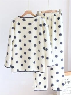 Women's Loungewear Sets Dot Fashion Comfort Soft Home Daily Bed Flannel Warm Breathable Crew Neck Long Sleeve Shirt Pant Button Pocket Fall Winter Black White -Ladies Pajamas Store exovkd1692927367908