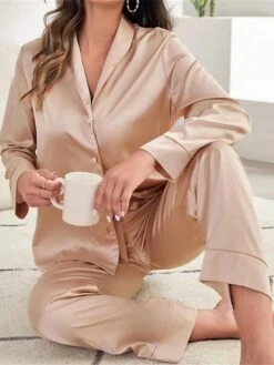 Women's Pajamas Sets Pure Color Simple Casual Comfort Home Daily Bed Satin Breathable V Wire Long Sleeve Shirt Pant Button Fall Winter Black Champagne -Ladies Pajamas Store exstkn1696751783530