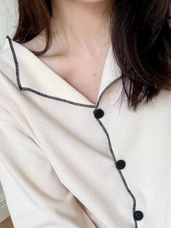 Women's Loungewear Sets Pure Color Fashion Comfort Soft Home Daily Bed Polyester Breathable Lapel Long Sleeve Pant Button Elastic Waist Fall Winter White Brown -Ladies Pajamas Store eziknj1692348333170