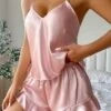 Women's Pajamas Pajama Top And Pant Sets Pure Color Simple Casual Comfort Home Daily Bed Satin Breathable Straps Sleeveless Strap Top Shorts Summer Spring Lotus Pink Black -Ladies Pajamas Store eztfqa1687857795875