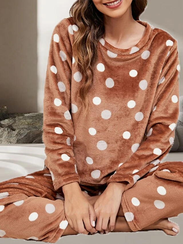 Women's Flannel Pajamas Sets Top And Pant Sets Dot Fashion Casual Soft Home Daily Bed Flannel Warm Breathable Crew Neck Long Sleeve Pant Fall Winter Brown 6 Women's Flannel Pajamas Sets Top And Pant Sets Dot Fashion Casual Soft Home Daily Bed Flannel Warm Breathable Crew Neck Long Sleeve Pant Fall Winter Brown - Image 4