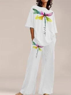 Women's Loungewear Sets 2 Pieces Flower Simple Comfort Sweet Home Daily Polyester Breathable Crew Neck Short Sleeve Pullover Pant Pocket Summer Spring Light Pink Lake Blue