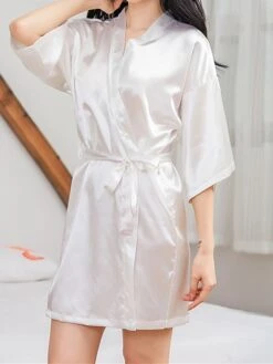 Women's Pajamas Robe Bathrobe Robes Gown Pure Color Casual Comfort Soft Home Daily Bed Satin Breathable V Wire Half Sleeve Summer Fall Black White -Ladies Pajamas Store fctoff1689686968725