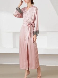 Women's Satin Silk Bathrobe Robe Embroidered Lace Decoration Long Sleeve Nightgown Pure Color Fashion Casual Comfort Home Daily Bed Summer Fall Black Pink -Ladies Pajamas Store fdtxdx1689506608169