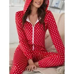 Women's Onesie Pajamas Elk Dot Warm Casual Xmas Home Christmas BedHoodie Long Sleeve Fall Winter Red -Ladies Pajamas Store fhltjt1695023632010