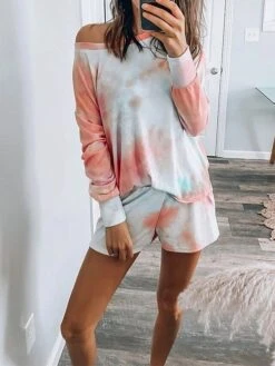Women's Loungewear Sets Tie Dye Fashion Comfort Soft Home Daily Bed Polyester Breathable One Shoulder Long Sleeve Pullover Shorts Summer Spring Light Blue