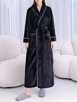 Couple‘s Flannel Bathrobe Pajamas Patchwork Warm Simple Plush Home Bed Warm Breathable V Wire Long Sleeve Pocket Fall Winter -Ladies Pajamas Store fidbze1696232019719