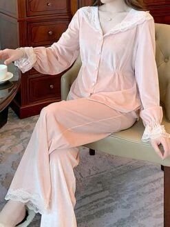 Women's Pajamas Sets Pure Color Casual Comfort Soft Home Daily Bed Velvet Breathable Lapel Long Sleeve Shirt Pant Button Fall Winter Pink Beige -Ladies Pajamas Store fimxow1697161956365