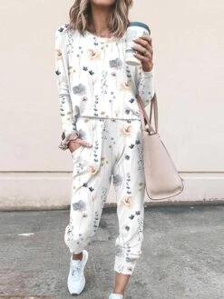 Women's Sets 2 Pieces Geometic Flower Casual Comfort Home Daily Polyester Breathable Crew Neck Long Sleeve Pullover Pant Pocket Fall Winter Light Pink White -Ladies Pajamas Store fixjty1694605740679