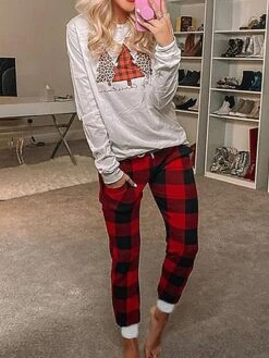 Women's Christmas Pjs Sets 2 Pieces Letter Elk Basic Comfort Soft Xmas Home Daily Cotton Breathable Crew Neck Long Sleeve T Shirt Tee Pant Pocket Winter Fall Gray White / Grid / Plaid