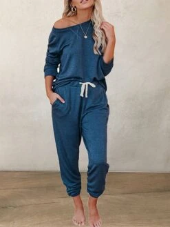 Women's Loungewear Sets Pure Color Sport Casual Comfort Home Street Daily Polyester Breathable Crew Neck Long Sleeve T Shirt Tee Pant Pocket Fall Winter Black Blue -Ladies Pajamas Store fkwflg1697074757511