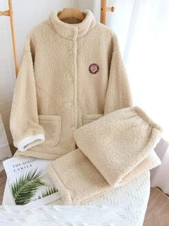 Women's Pajamas Sets Pure Color Warm Fashion Casual Home Daily Bed Flannel Warm Stand Collar Long Sleeve Pant Button Fall Winter Pink Beige -Ladies Pajamas Store flhkmf1692950056006
