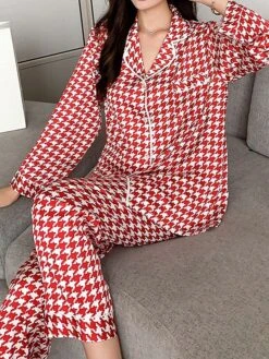 Women's Loungewear Sets Grid / Plaid Fashion Comfort Soft Home Daily Bed Ice Silk Breathable Lapel Long Sleeve Shirt Pant Button Pocket Fall Winter Black Pink -Ladies Pajamas Store flvfvx1694766970972