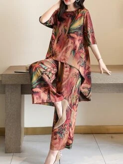 Women's Loungewear Sets Flower Fashion Casual Comfort Street Daily Date Polyester Breathable Crew Neck Short Sleeve T Shirt Tee Pant Pocket Summer Spring Light Green Red -Ladies Pajamas Store fmdros1684410518286