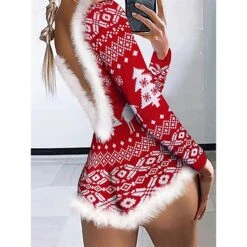 Women's Onesie Christmas Xmas Geometic Snowflake Fashion Plush Comfort Polyester Breathable V Wire Long Sleeve Backless Feather Fall Winter Pink Wine
