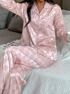 Women's Satin Silk Lounge Sets 2 Pieces Grid / Plaid Fashion Casual Comfort Street Daily Date Silk Breathable Lapel Long Sleeve Pant Button Pocket Summer Fall Black White