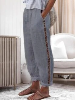 Women's Loungewear Pants Lounge Pants Pure Color Simple Casual Comfort Home Daily Vacation Cotton And Linen Breathable Pocket Elastic Waist Summer Spring White Blue -Ladies Pajamas Store fpgcni1678256920846