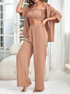 Women's Loungewear Sets 3 Pieces Pure Color Fashion Comfort Soft Home Daily Bed Polyester Breathable Lapel Long Sleeve Shirt Pant Button Pocket Fall Winter Lotus Pink