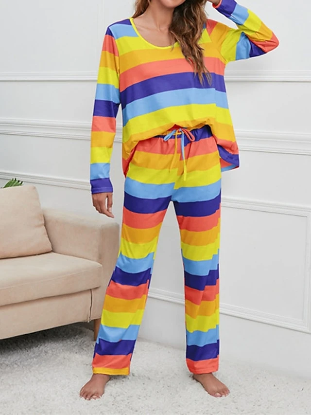 Women's Pajamas Nighty Pjs Sets 2 Pieces Rainbow Stripe Fashion Comfort Soft Home Daily Bed Cotton Breathable V Wire Long Sleeve T Shirt Tee Pant Spring Fall Yellow Blue 18 Women's Pajamas Nighty Pjs Sets 2 Pieces Rainbow Stripe Fashion Comfort Soft Home Daily Bed Cotton Breathable V Wire Long Sleeve T Shirt Tee Pant Spring Fall Yellow Blue - Image 16