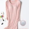 Women's Striped Modal Nightgown With Chest Pads Nightshirt Dress Simple Casual Comfort Home Daily Bed Modal Breathable Crew Neck Long Sleeve Fall Winter Black Pink -Ladies Pajamas Store fscqjk1696851010831