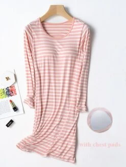 Women's Striped Modal Nightgown With Chest Pads Nightshirt Dress Simple Casual Comfort Home Daily Bed Modal Breathable Crew Neck Long Sleeve Fall Winter Black Pink