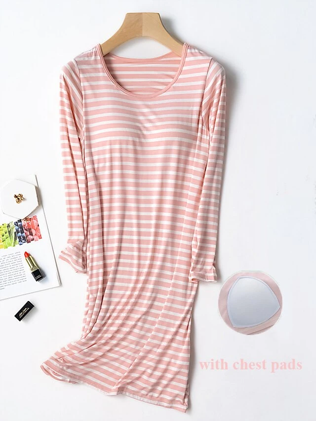 Women's Striped Modal Nightgown With Chest Pads Nightshirt Dress Simple Casual Comfort Home Daily Bed Modal Breathable Crew Neck Long Sleeve Fall Winter Black Pink 3 Women's Striped Modal Nightgown With Chest Pads Nightshirt Dress Simple Casual Comfort Home Daily Bed Modal Breathable Crew Neck Long Sleeve Fall Winter Black Pink