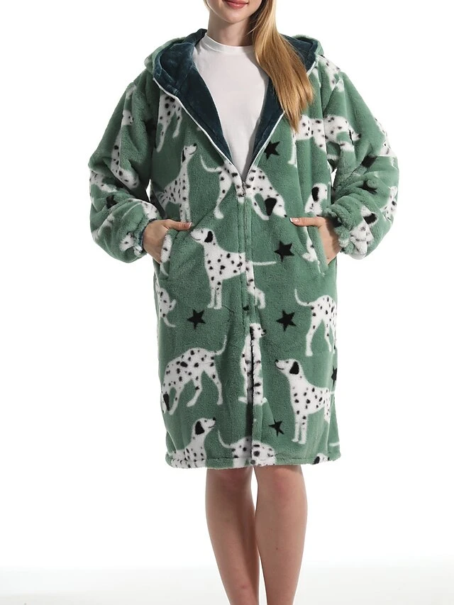Women's Robe Dog Plush Casual Comfort Home Daily Bed Flannel Warm Breathable Hoodie Long Sleeve Pocket Fall Winter Green 7 Women's Robe Dog Plush Casual Comfort Home Daily Bed Flannel Warm Breathable Hoodie Long Sleeve Pocket Fall Winter Green - Image 5