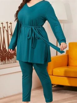 Women's Plus Size Loungewear Sets Pure Color Simple Casual Comfort Home Daily Vacation Polyester Breathable V Wire Long Sleeve T Shirt Tee Pant Fall Spring Green 10 Women's Plus Size Loungewear Sets Pure Color Simple Casual Comfort Home Daily Vacation Polyester Breathable V Wire Long Sleeve T Shirt Tee Pant Fall Spring Green -Ladies Pajamas Store ftsstn1676281965907