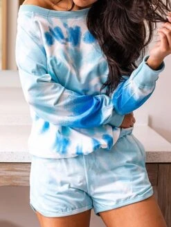 Women's Loungewear Sets Tie Dye Sport Casual Comfort Home Daily Gyms Polyester Breathable Crew Neck Long Sleeve Hoodie Shorts Pocket Fall Blue -Ladies Pajamas Store fusddm1693467406175