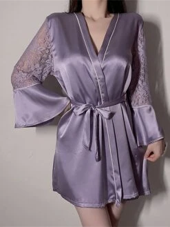 Women's Satin Silk Bathrobe Nightgown Nightshirt Dress 2 Pieces Pure Color Comfort Soft Sweet Home Daily Bed Breathable V Wire Long Sleeve Backless Hole Fall Winter Black White -Ladies Pajamas Store fveitc1697699910930