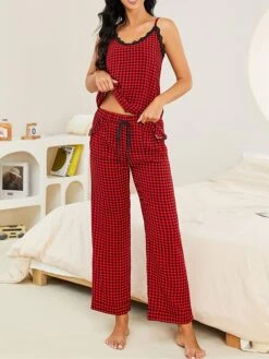 Women's Christmas Pajamas Pajama Top And Pant Sets Grid / Plaid Simple Casual Comfort Home Xmas Daily Bed Polyester Breathable Straps Sleeveless Strap Top Pant Backless Elastic Waist Summer Spring Red
