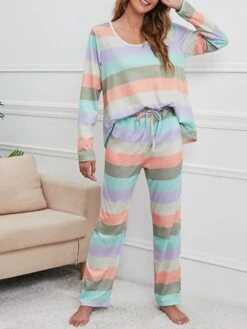 Women's Pajamas Nighty Pjs Sets 2 Pieces Rainbow Stripe Fashion Comfort Soft Home Daily Bed Cotton Breathable V Wire Long Sleeve T Shirt Tee Pant Spring Fall Yellow Blue 26 Women's Pajamas Nighty Pjs Sets 2 Pieces Rainbow Stripe Fashion Comfort Soft Home Daily Bed Cotton Breathable V Wire Long Sleeve T Shirt Tee Pant Spring Fall Yellow Blue -Ladies Pajamas Store fzeufm1665214001599