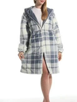 Women's Robe Grid / Plaid Plush Casual Comfort Home Daily Bed Flannel Warm Breathable Hoodie Long Sleeve Pocket Fall Winter Gray -Ladies Pajamas Store fzvncd1695373707928
