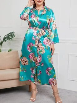Women's Plus Size Pajamas Bathrobe Flower Simple Casual Comfort Home Bed Satin Breathable V Wire Long Sleeve Summer Spring Red Green -Ladies Pajamas Store gawlny1693986211939