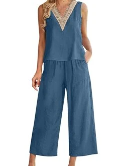 Women's Plus Size Loungewear Sets Pure Color Basic Casual Comfort Home Daily Vacation Linen Breathable V Wire Sleeveless Tank Top Pant Pocket Summer Spring Black White -Ladies Pajamas Store gbdmkw1685344295669