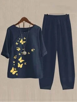 Women's 2 Piece Loungewear Sets Linen Breathable Crew Neck Half Sleeve T Shirts And Wide Leg Pants Cat Butterfly Leave Print Summer Spring Navy Blue Green S 6XL